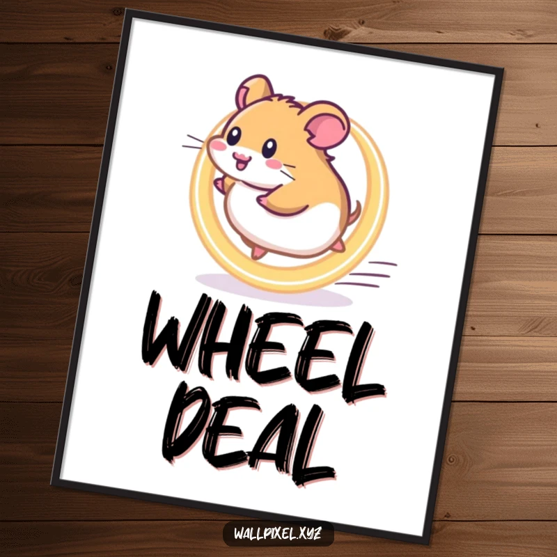 Funny Pixel Hamster Digital Art Print: Pixelated hamster runs on a glowing wheel, creating motivational decor.
