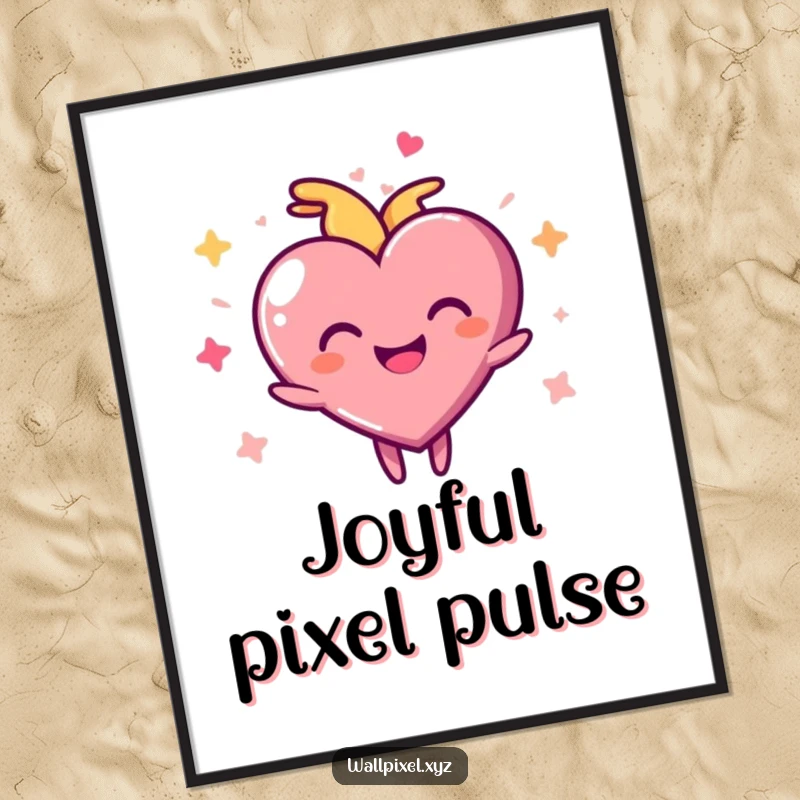 Funny pixel heart digital art print of a joyful character pulsing rhythmically, adding vibrant love and pixelated charm.