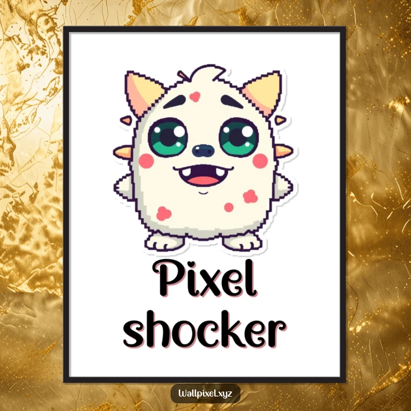 Funny digital art print of a pixelated monster with wide, blocky eyes expressing surprise, a high-resolution, humorous artwork for instant download.
