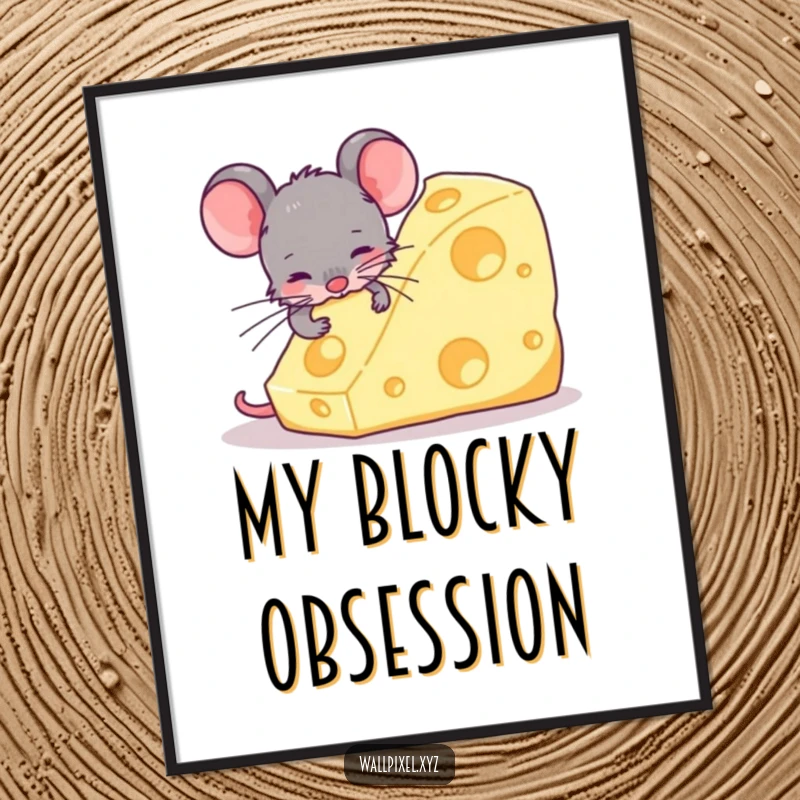 Funny digital art print depicting a classic pixelated mouse enthusiastically nibbling a large, blocky cheese, celebrating retro gaming culture with humor.