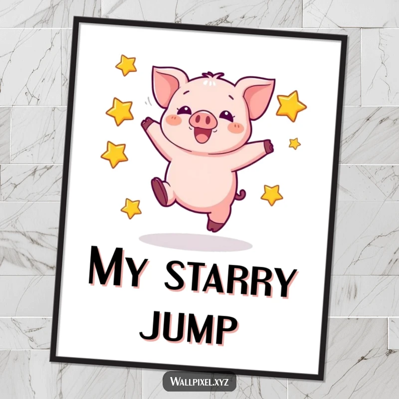 Funny digital art print of a pixelated piglet jumping high surrounded by blocky stars, perfect for retro gaming wall decor.