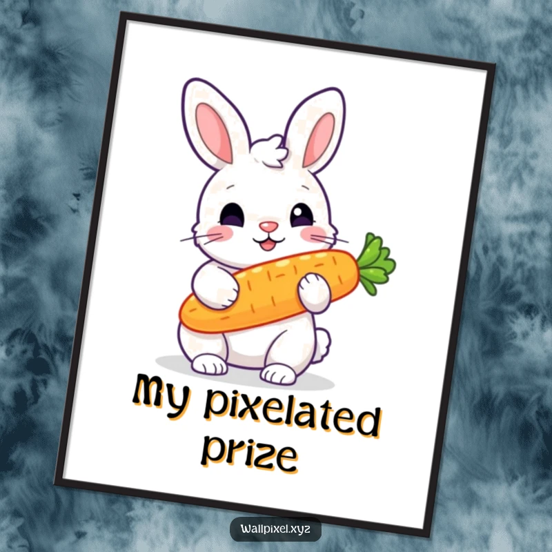 Funny digital art print of a pixelated rabbit holding a glowing pixelated carrot, perfect for retro bunny-themed wall decor.