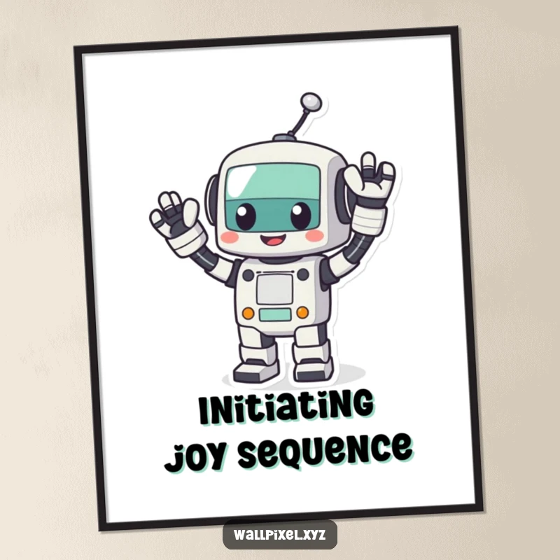 Funny pixel robot digital art print, a cheerful blocky robot waving energetically, perfect for instant retro tech decor.