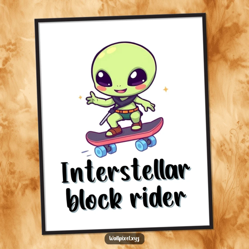 Funny digital art: A winking pixelated alien rides a skateboard made of glowing blocks, a humorous and instant decor piece.