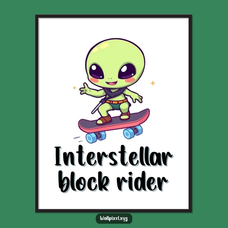 Funny Pixelated Alien Skater Digital Art - Instant Sci-Fi Decor with Humorous Appeal Gift!