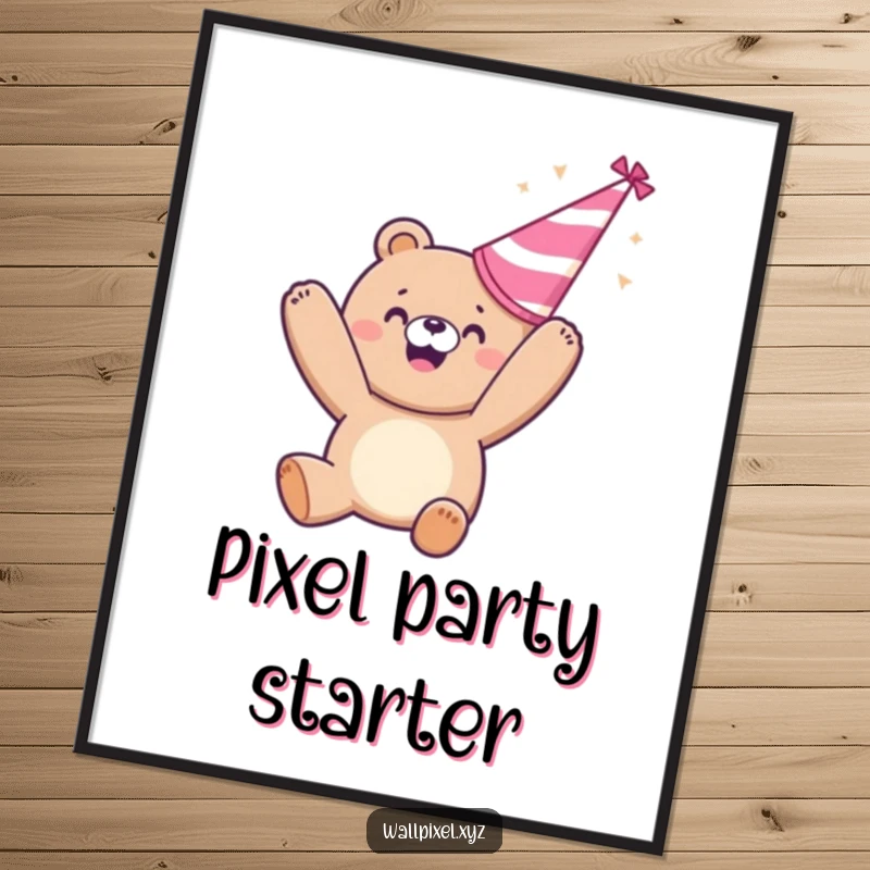 Funny digital art: An ecstatic pixelated bear throws a party hat, a humorous and festive instant download.