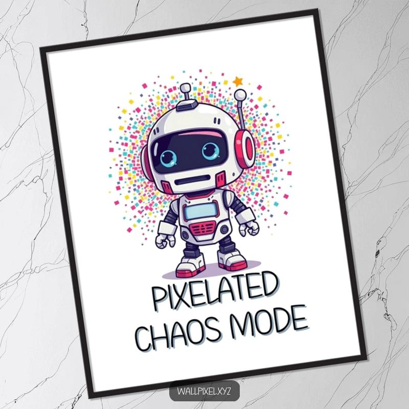 Funny digital art: A retro robot is shocked by a cascade of colorful pixels, a humorous and instant decor piece.