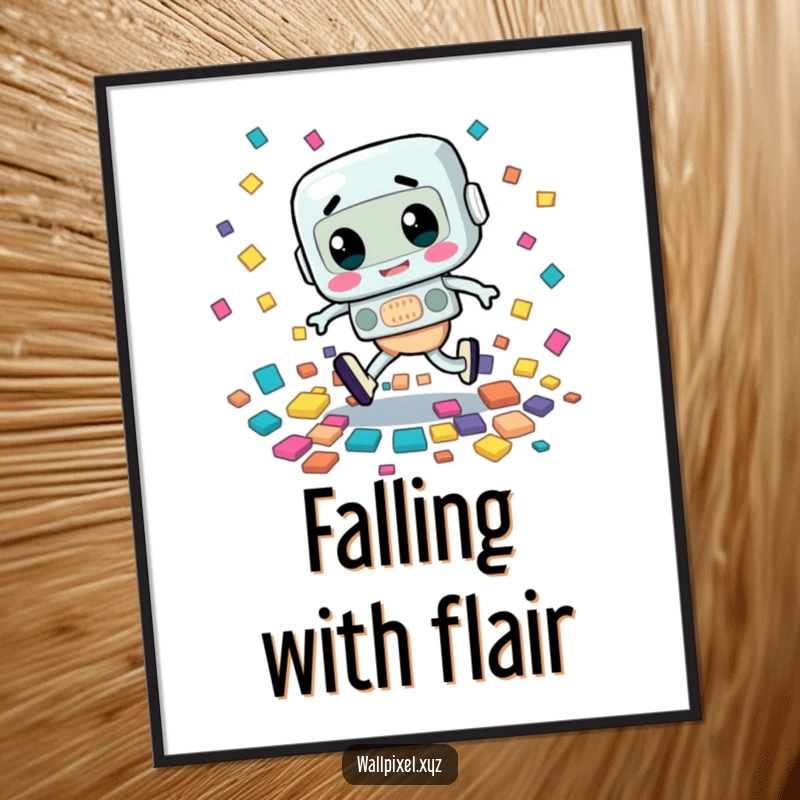 Funny digital art print of a retro character tripping awkwardly, scattering colorful squares, a humorous and artistic design.