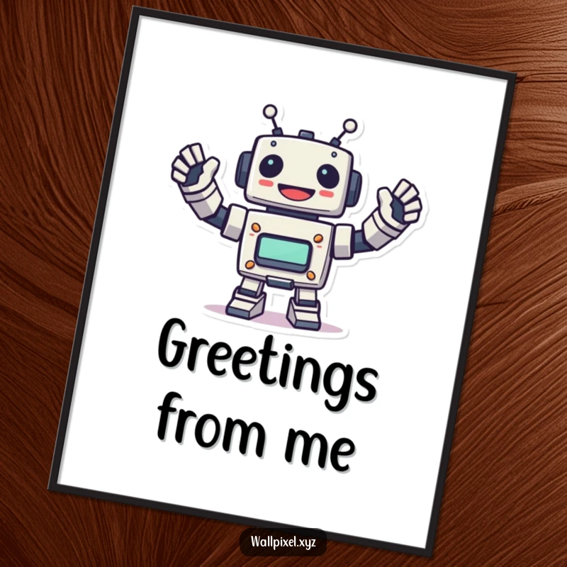 Funny digital art print of a pixelated robot energetically waving, evoking retro tech charm and friendliness, ready for download.