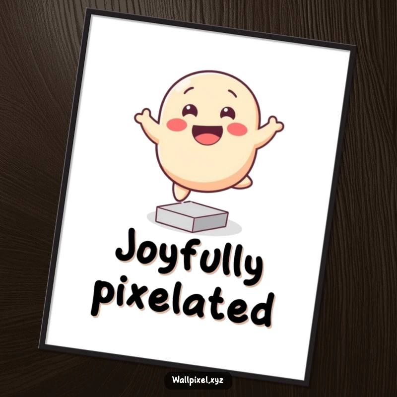 Funny pixelated blob digital art print, smiling and bouncing happily on square pixels, ideal for cheerful decor.
