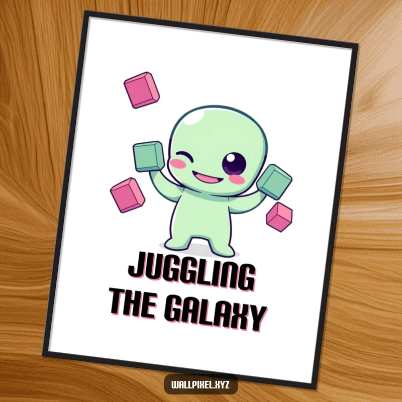 Funny pixel art digital print of a grinning pixelated alien character winking while juggling three floating squares, capturing playful retro sci-fi charm.