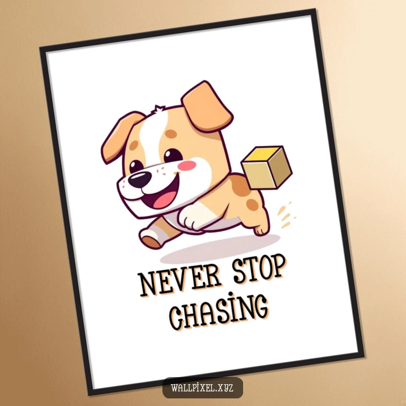 Funny digital art print of a block dog excitedly chasing a pixel cube, evoking playful pixel art fun, ready for download.