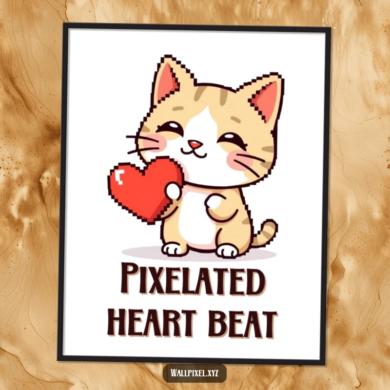 Funny digital art print of a pixelated cat gently booping a shiny red pixel heart, capturing retro gaming romance.
