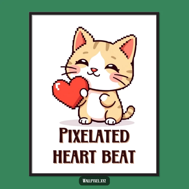 Funny Pixel Cat Heart Boop Art Print: Retro Gaming Romance, Perfect Pixelated Comedic Wall Art