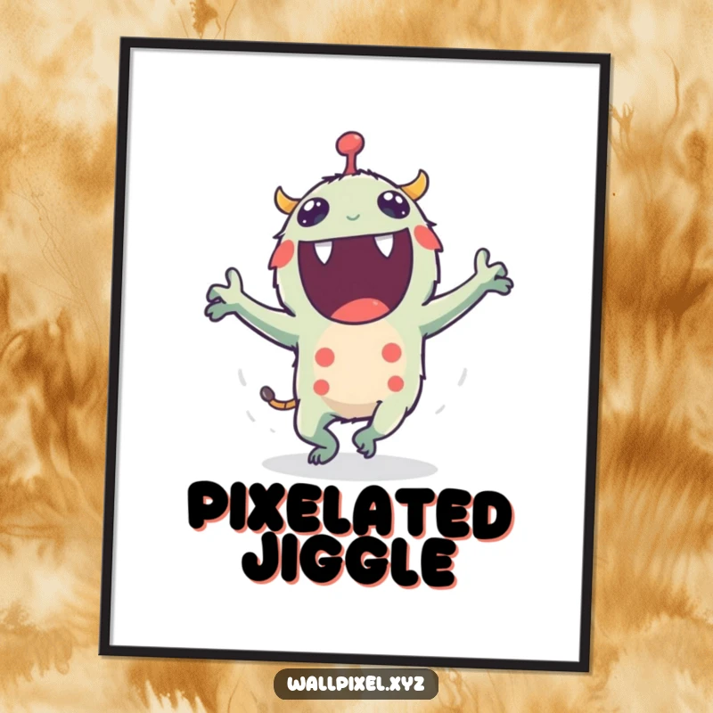 Funny digital art print of an excited pixel monster dancing with tiny flailing blocky arms, perfect for instant wall decor.