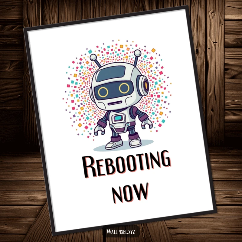 Funny Retro Robot Digital Art Print: Printable art of a retro robot character surprised by an explosion of tiny, colorful pixels.