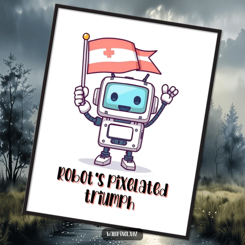 Funny square robot character joyfully waving a pixelated flag, digital art print for instant download.