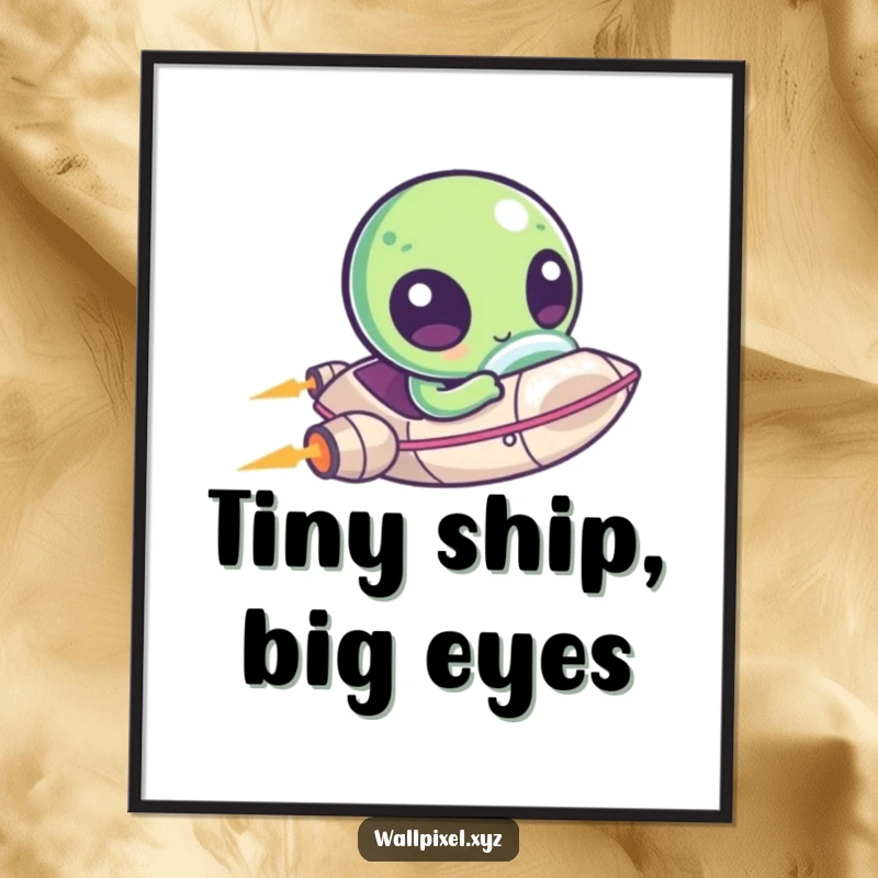 Funny digital art print of a kawaii pixelated alien with large eyes zipping around in a tiny spaceship, full of cosmic fun.