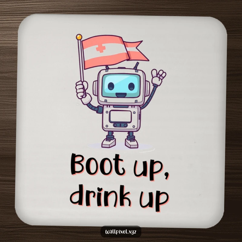 Funny square robot character waving a pixelated flag, with a joyful pixelated design, on a drink coaster.