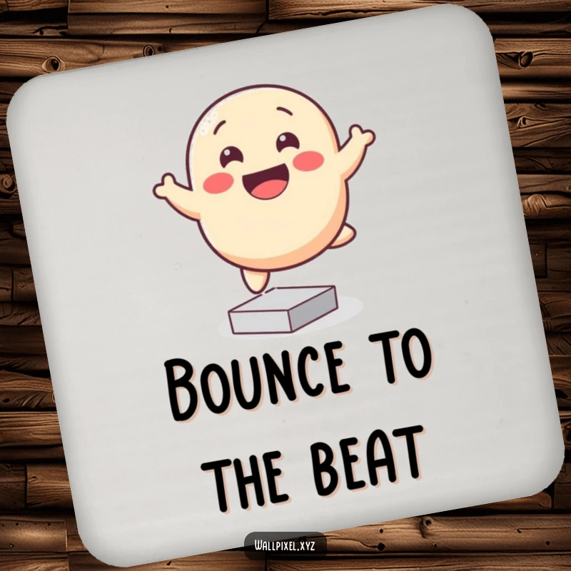 Funny pixelated blob drink coasters, smiling and bouncing happily on square pixels, perfect for protecting surfaces.