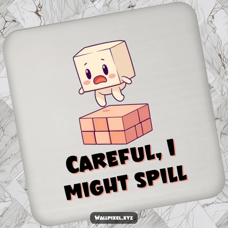 Funny drink coaster with a surprised blocky character tripping over a floating pixel, adding humor to tabletops.