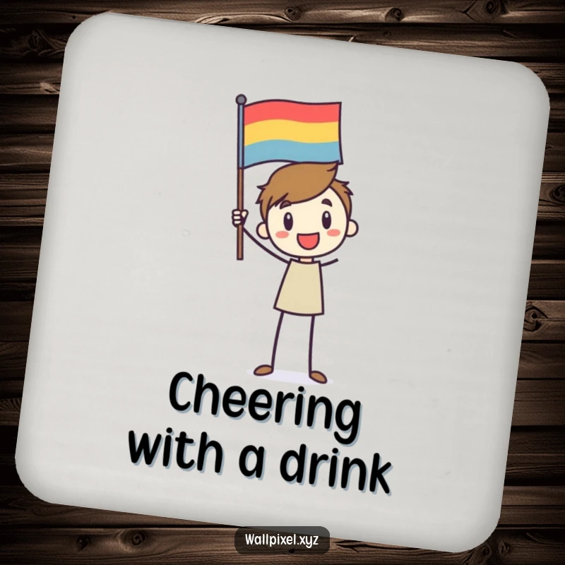 Funny drink coaster with a stick figure character enthusiastically waving a pixelated flag, combining humor and surface protection.