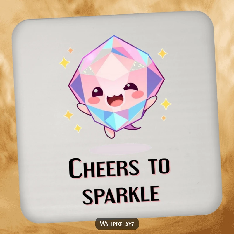 Funny gem bounce coaster with a faceted gem character energetically bouncing and glowing, perfect for protecting surfaces.