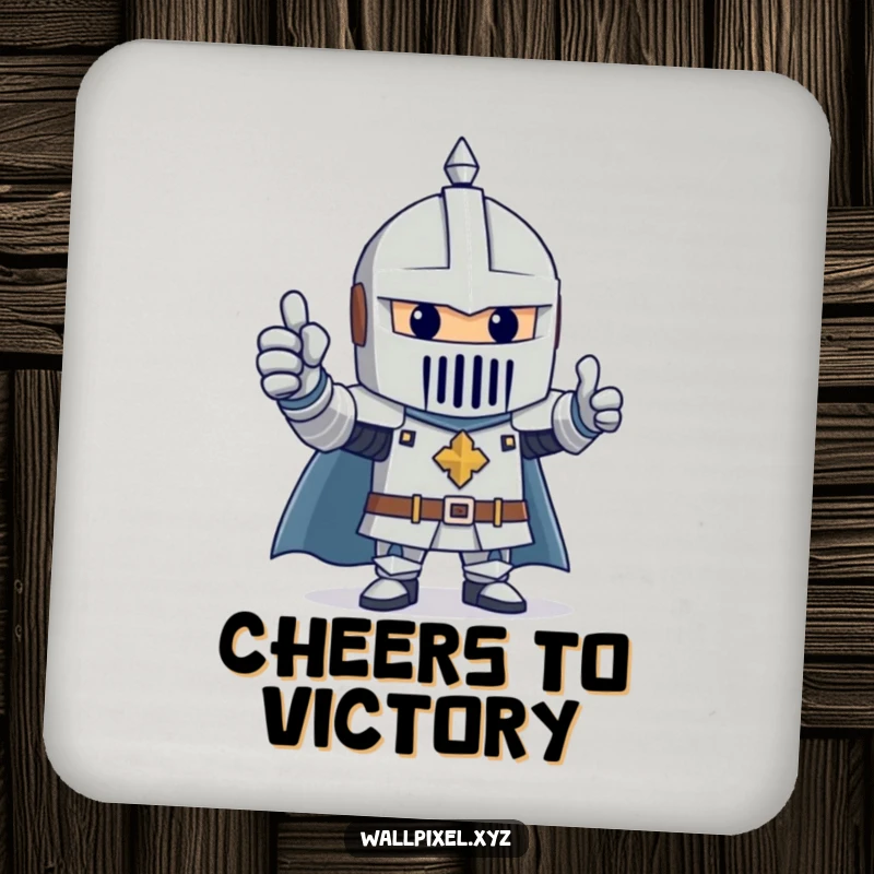 Funny drink coaster featuring a cheerful knight made of blocks giving a thumbs up, a positive and heroic design.