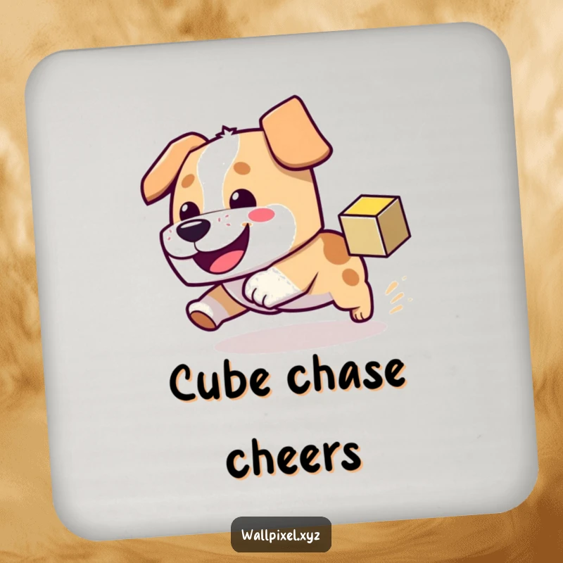 Funny block dog drink coaster with a dog chasing a pixel cube, offering surface protection with pixel art aesthetics.