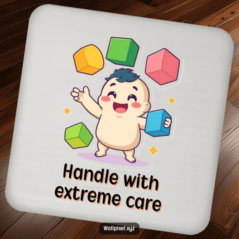 Funny drink coasters featuring a wobbly pixel character juggling colorful cubes, providing a humorous and protective surface for drinks.