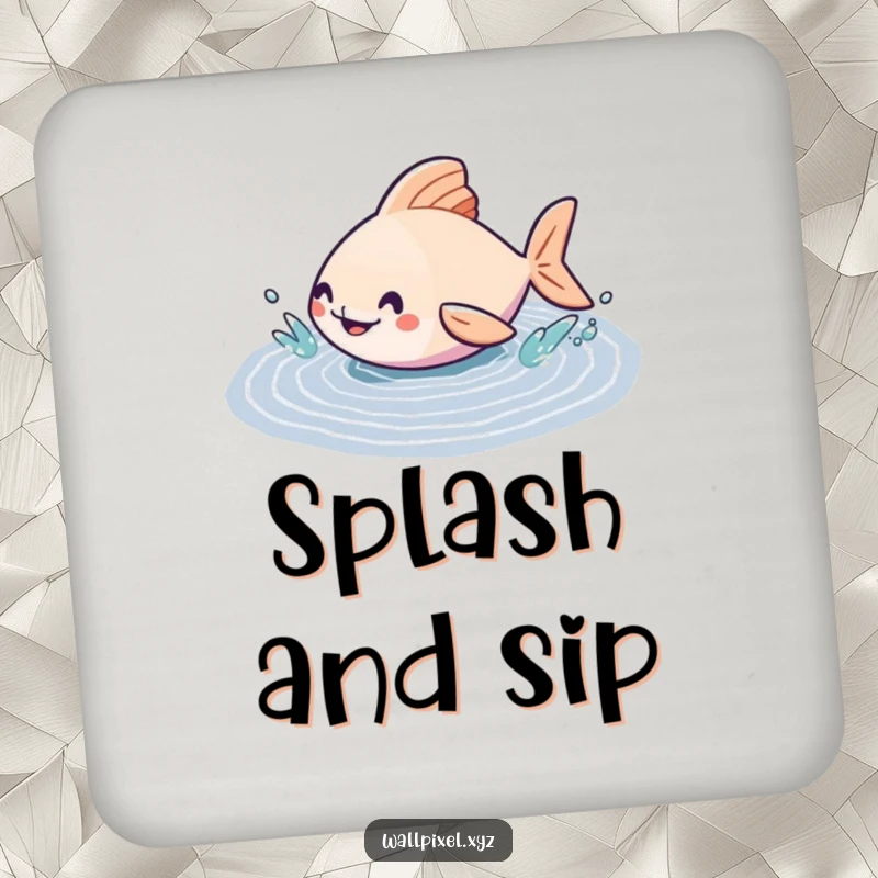 Funny drink coaster featuring a geometric fish character splashing in a pixelated puddle, adding artistic humor to beverage settings.