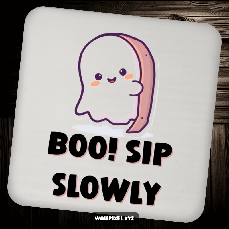Funny ghost coaster with a simplified ghost peeking from pixelated art, protecting surfaces with charm.