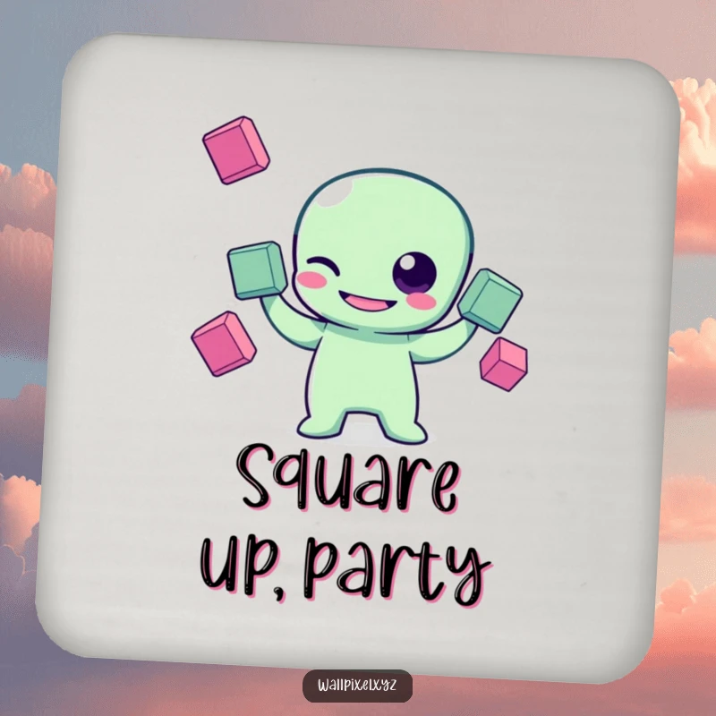 Funny pixel art drink coaster featuring a grinning pixelated alien character winking and juggling floating squares, adding retro gaming charm to home decor.