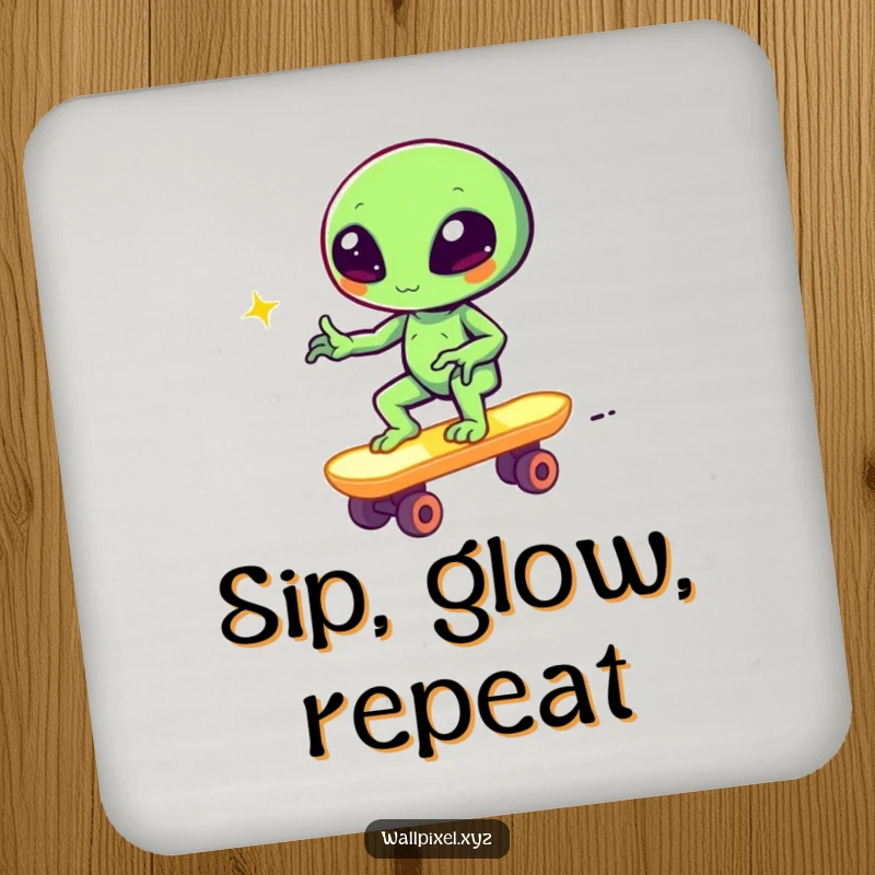 Funny pixel alien winking on a block skateboard, retro gaming coaster set, humorous table protection.