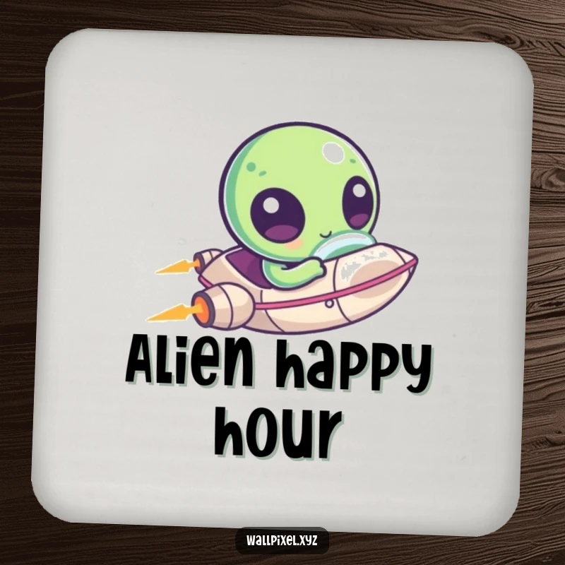 Funny drink coaster with a kawaii pixelated alien in a tiny ship, protecting surfaces with cosmic charm.