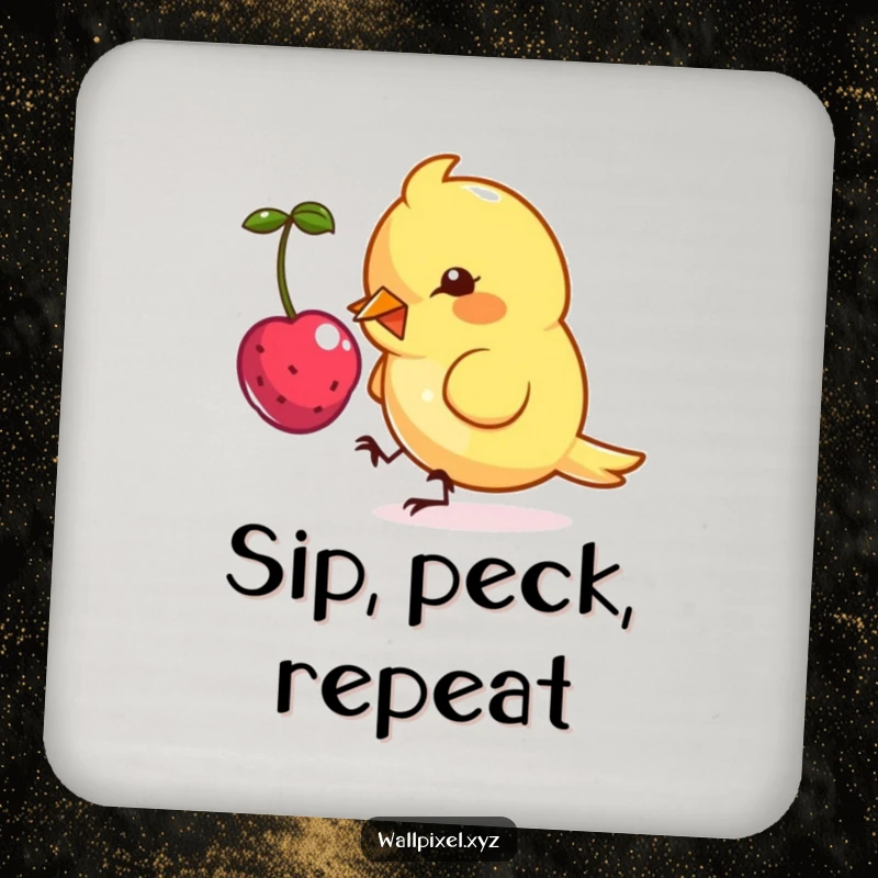 Funny drink coasters featuring a small, angular bird character in pixel art, playfully pecking at a floating pixelated berry.