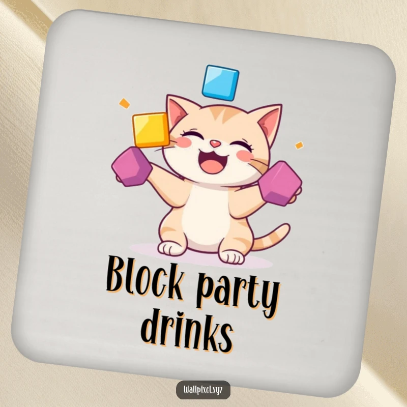 Funny drink coaster featuring a giggling pixelated cat juggling colorful squares, adding a humorous touch to your table.