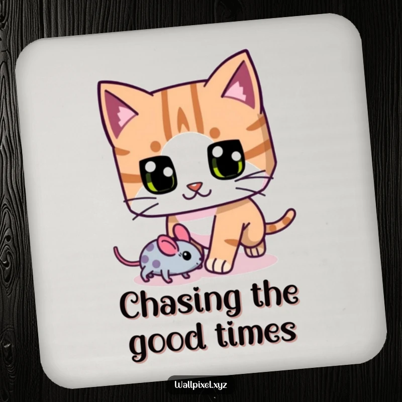 Funny blocky cat drink coasters, with exaggerated pixel eyes, chasing a pixelated mouse, perfect for protecting surfaces.