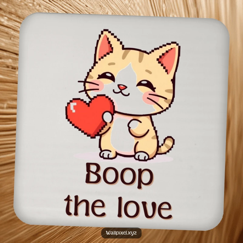 Funny drink coaster with a pixelated cat booping a red pixel heart, protecting surfaces with retro gaming charm.