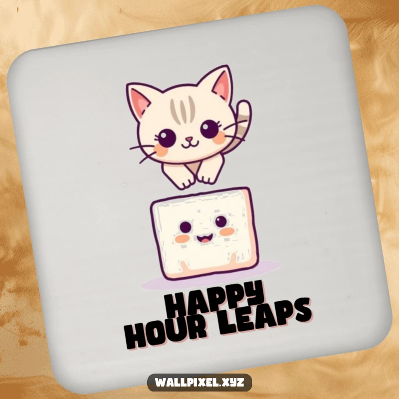 Funny drink coaster featuring a pixelated cat leaping over a smiling square block, a cute and playful design.