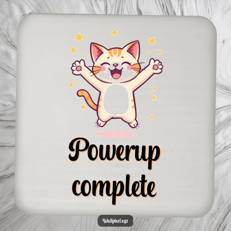 Funny pixel cat coaster, a pixelated cat joyfully leaping amidst stars, offering surface protection with retro gaming charm.