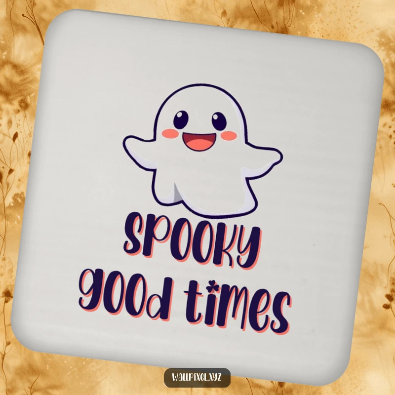 Funny drink coaster featuring a determined pixelated ghost floating upwards, protecting surfaces with spooky flair.