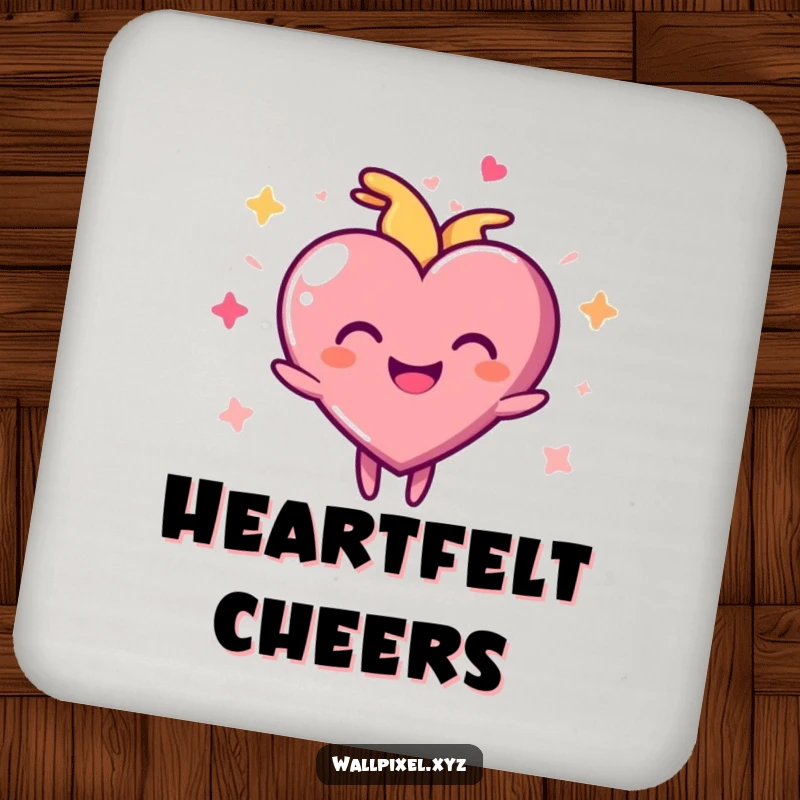 Funny pixel heart coasters with a joyful character pulsing rhythmically, offering humorous protection for beverages.