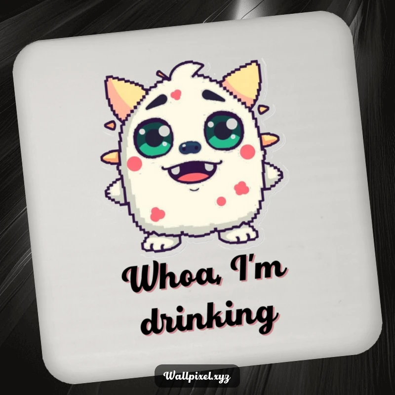 Funny drink coaster featuring a pixelated monster with wide, blocky eyes expressing surprise, adding humor to any beverage setting.