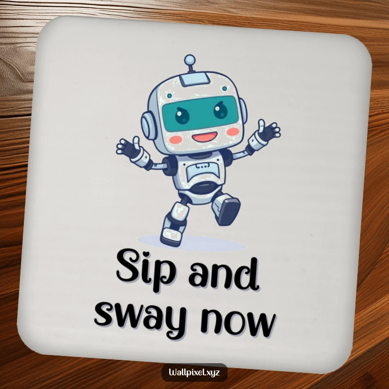Funny drink coaster with a pixelated robot character doing a happy, clumsy dance, combining humor and surface protection.