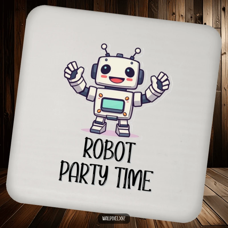 Funny pixel robot drink coaster with a robot waving energetically, offering surface protection with retro tech aesthetics.