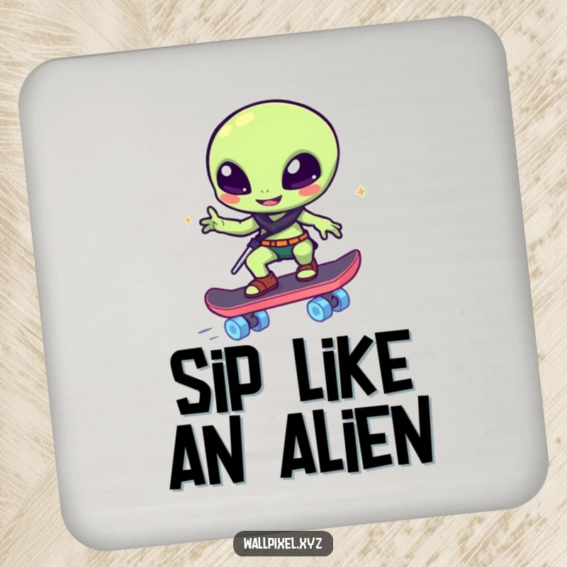 Funny coaster: A pixelated alien winks on a glowing block skateboard, a humorous and protective accessory.