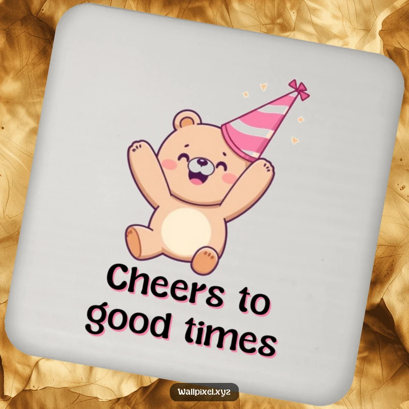 Funny coaster: A happy pixelated bear throws a party hat, a humorous and protective accessory for tabletops.