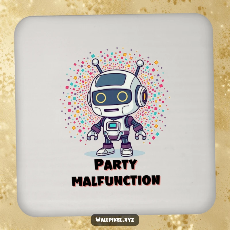 Funny Retro Robot Coaster: A coaster with a retro robot character surprised by an explosion of tiny, colorful pixels.