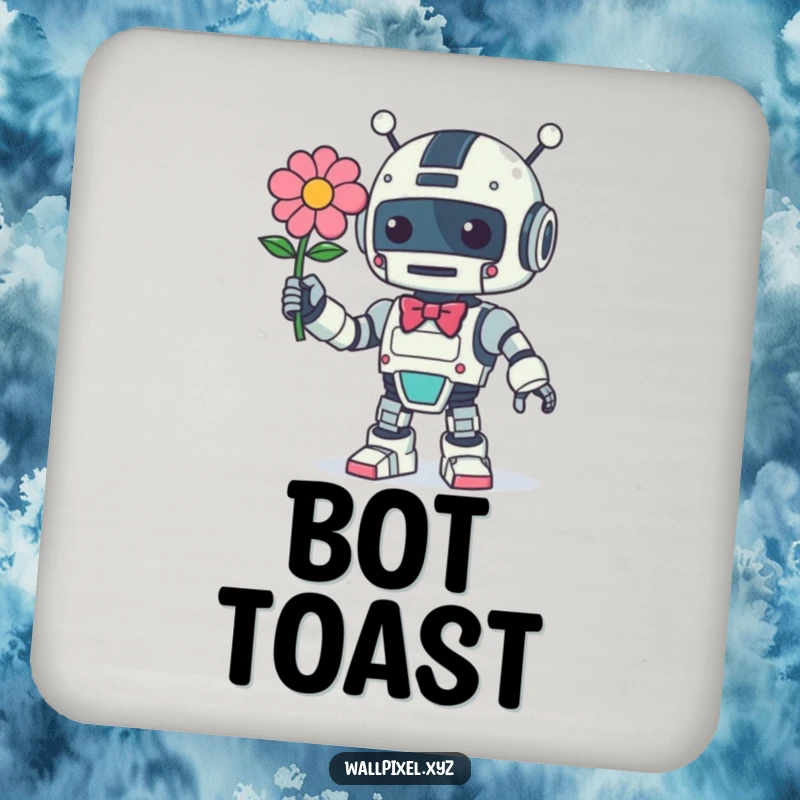 Funny Retro Robot Coaster: A vintage robot with a bow offers a pixelated flower, protecting surfaces with charm.
